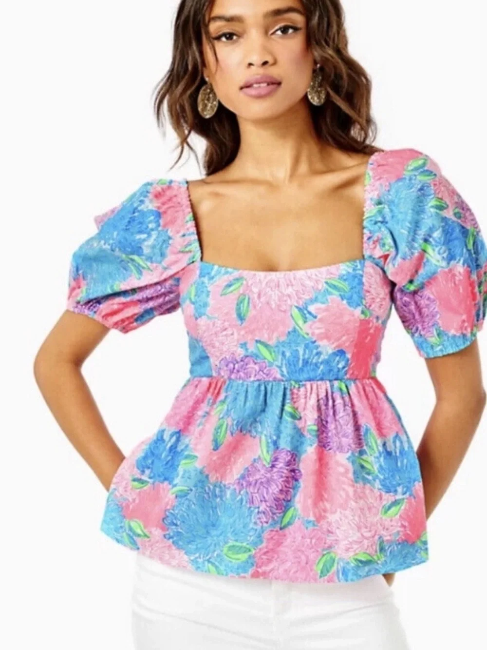 Lilly Pulitzer Kay Baby Doll Pink Floral Square-Neck Peplum Top size 12